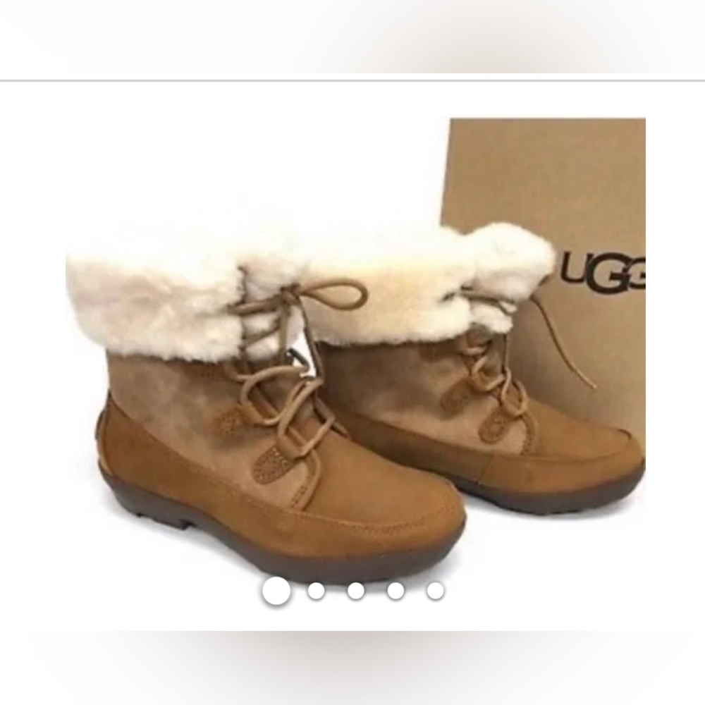 Ugg Nadja Lace Up Fur Cuffed Chestnut Brown Ankle Boots Shoes, size 8